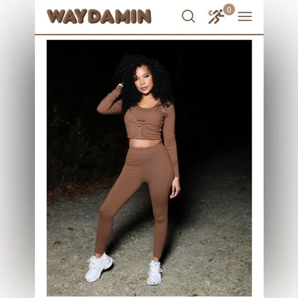 WAYDAMIN Sport 3 in 1 Set zip Up crop hoodie and leggings chocolate brown small - Picture 1 of 15